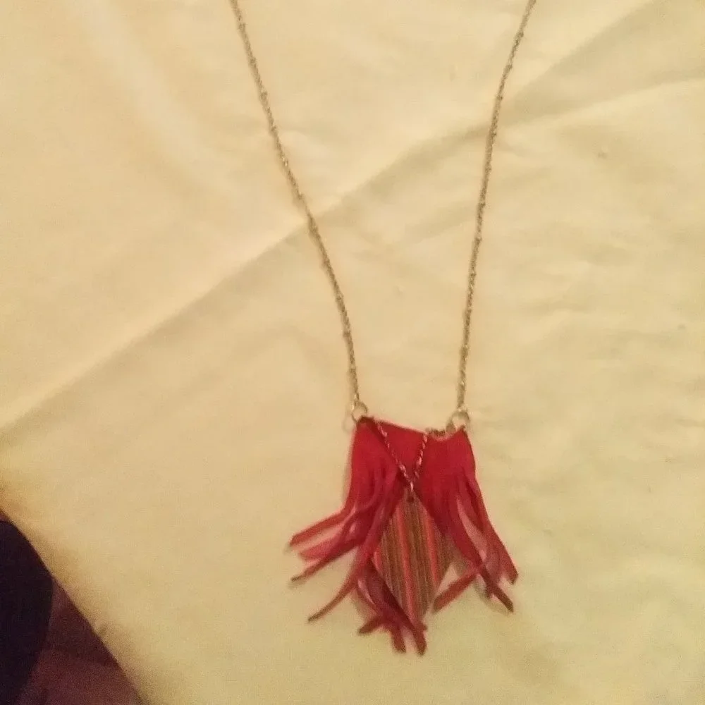 Extra Long Pink Leather And Wooden Statement Pendant